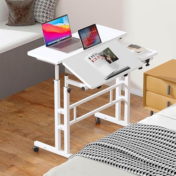 Aptliton Mobile Height-Adjustable Standing Desk with Wheels, 2-Tier Rolling Computer Workstation - Tilting Desktop - Keyboard Tray, 60x60 cm - Color: White