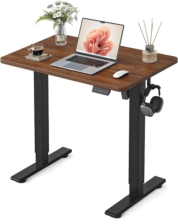 FEZIBO Electric Standing Desk 80 x 48 cm, Height Adjustable Computer Desk with Memory Presets, Sit Stand Home Office Desk, Black Frame with Dark Walnut Top