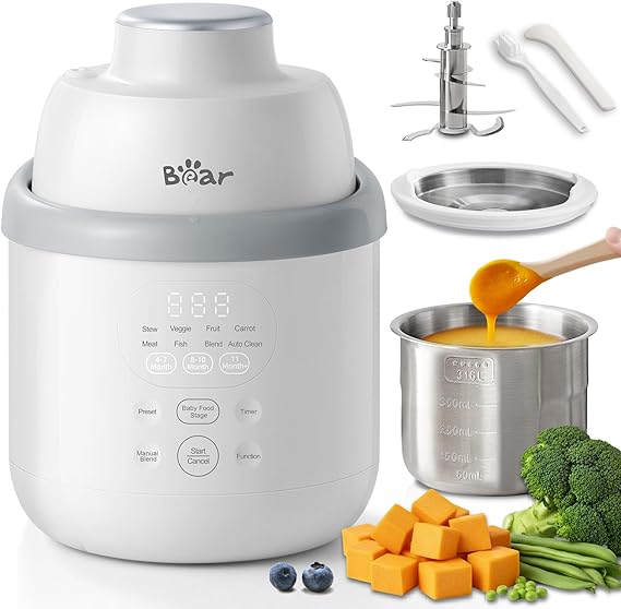 Bear NutriEase AllStage Stainless Steel Baby Food Blender, OneStep Food Processor Steamer Blender Puree Maker, Auto 3-Stage Settings for Healthy Homemade Baby Puree,Preset&Self Clean Function,BPA-Free