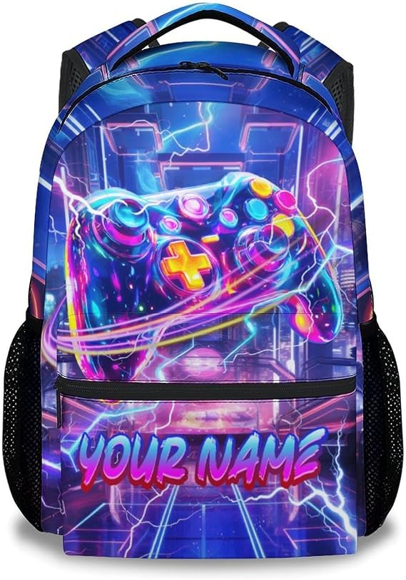 17 Inch Gaming Bookbag for Boys Teens Children - Personalised School Rucksack with Custom Name and Controller Design, Large Capacity Backpack for School College Everyday Use, Video Game Themed Gift