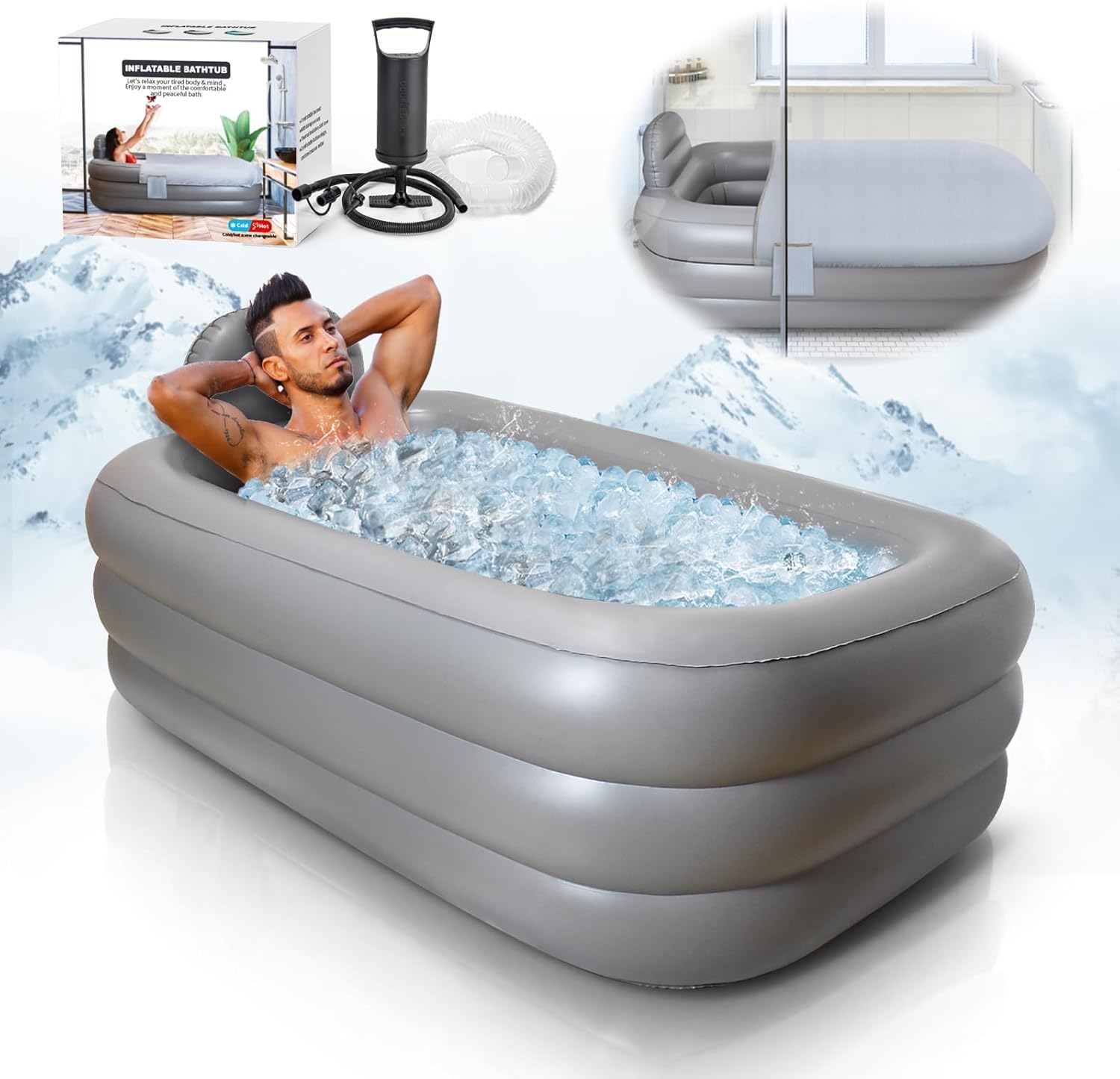 Portable Bathtub for Adults Athletes Ice Bathtub with Air Pump, Inflatable Bathtub, Easy to Inflate and Drain Cold Plunge Tub, Portable Tub for Home Spa, Hot Bath, Ice Bath Light Gray