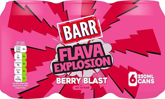 Barr Flava Explosions Berry Blast Sparkling Soft Drink, 6 Pack, 330ml Cans