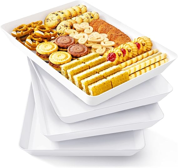Lifewit Plastic Serving Tray, White Serving Platters for Party Food, BPA Free, Trays for Charcuterie Dishes, Reusable Platter for Snacks, Fruit, Cookies, Sandwich, Set of 4, 34 x 24 cm
