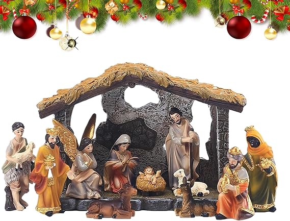Indoor Nativity Scene | Religious Holy Family Tub Desk Ornament, Mini Nativity Set Christmas Figure Doll, Christian Home Decor for Indoor Bedroom Living Office School Holiday