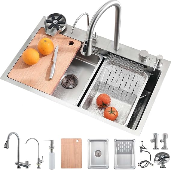 Raindance Nano Stainless Steel Waterfall Kitchen Sink, 90 x 45cm Waterfall Sink, Drop in Multifunctional with Glass Washer, Pull Out Faucet, Chopping Board and Drainer Fitting(Silver)