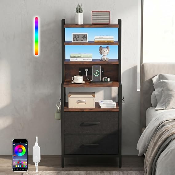 Bedside Table w/Charging Station&LED Lights,Tall Bed Side Table For Bedroom
