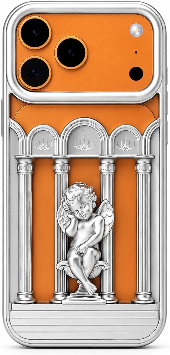 Coverzone iPhone 17 Pro Max ile Uyumlu 3D Melek Figürlü Kabartmalı Telefon Kılıfı, Kamera Korumalı Lüks Tasarım Darbe Emici Koruyucu Kapak,17 Pro Max için Kılıf Afra Gümüş