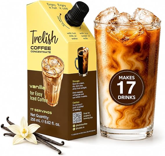 Trelish Coffee Concentrate - Vanilla| 17 servings| Hot or Iced | Instant Coffees | Cold Brew taste | Low Sugar, Shelf Stable | 8.62 fl oz
