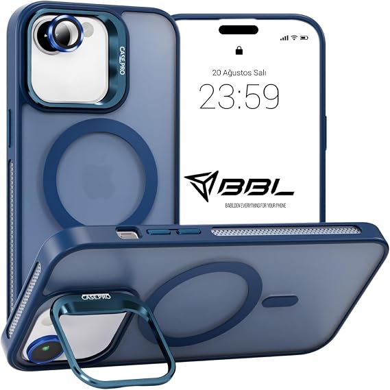 Babilden iPhone 16E İçin Kılıf Kamera Korumalı Magsafe İle Uyumlu Kablosuz Şarj Özellikli Mat Şeffaf Renkli Standlı Lens Hediyeli Telefon Kılıfı (Lacivert)