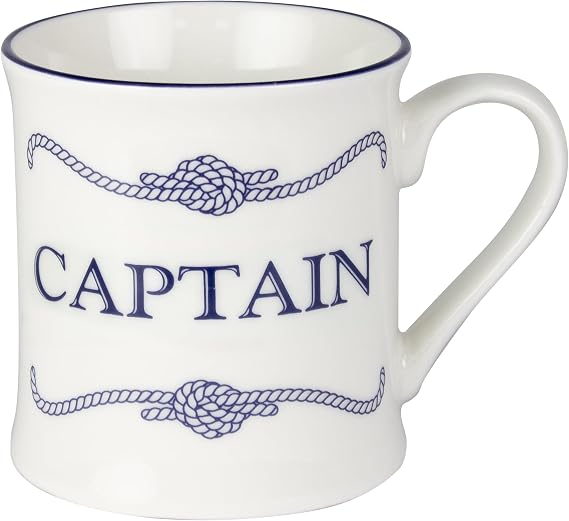 Nauticalia Campfire Style Crew Mug Captain - Coffee & Tea China Mug, Nautical Design White & Blue, Holds 275ml
