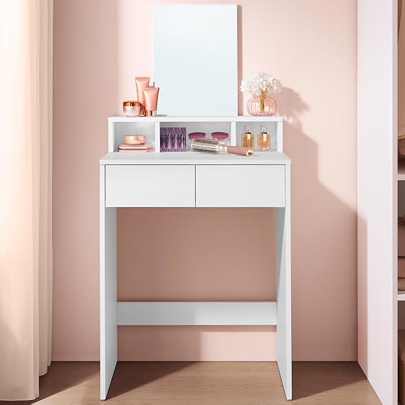 VASAGLE Dressing Table with Large Mirror, 2 Drawers and 3 Compartments