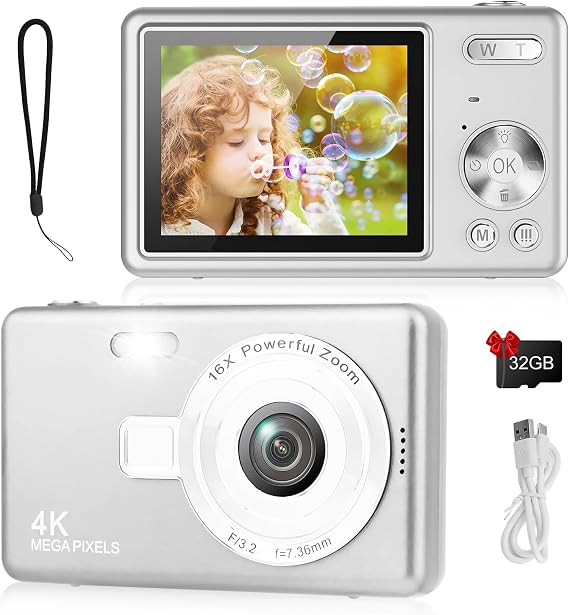 Digital Camera - 1080P FHD 44MP with 2.4" LCD Screen Compact Portable Vlogging Photo Camera with 32gb SD Card 16X Digital Zoom for Kids Teen Students Beginner(Upgrade Silver)