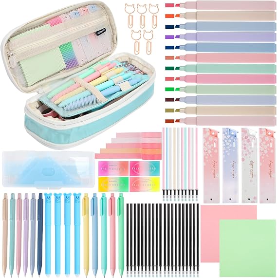 82pcs Aesthetic School Supplies Stationery Set with Pencil Case,Pastel Highlighters Gel Pens Mechanical Pencils,Essentials Stationary Set for Students Back to School Supplies（Blue）