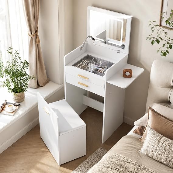 WOLTU Small Dressing Table with Folding Mirror, LED Light, Wheelchair