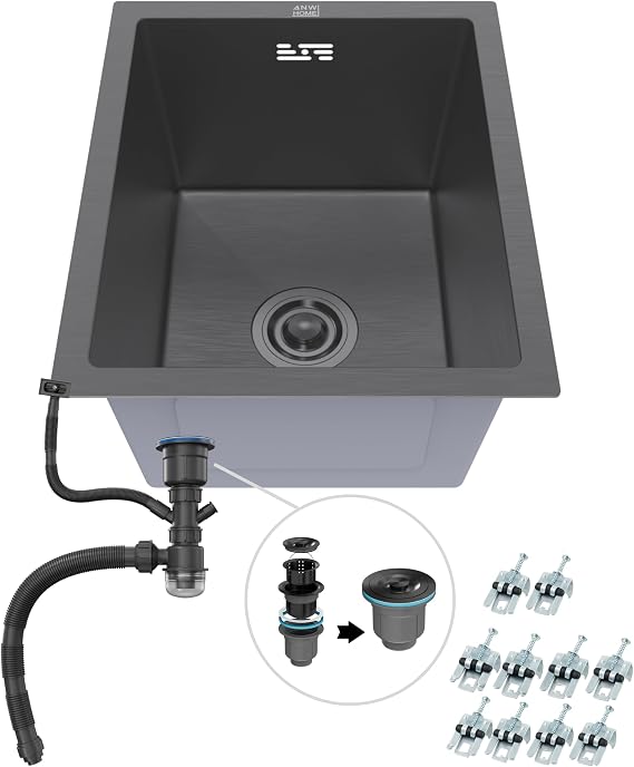 ANW HOME Kitchen Sink 1 Basin 37 x 45 cm Graphite PVD Built-in/base nano coating thickness 3.0 + 1 mm depth 22 cm with siphon