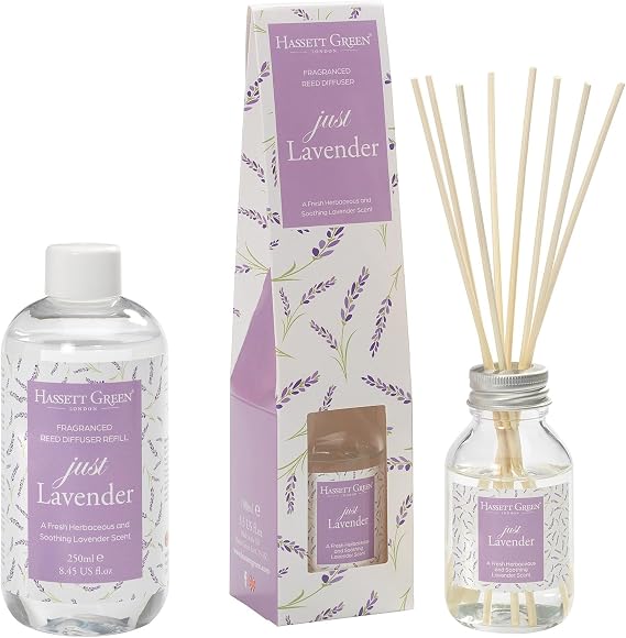 Hassett Green London - Just Lavender - Reed Diffuser and Refill Combination Set - 100ml Glass Bottle with 8 Rattan Reed Sticks plus Larger Size 250ml