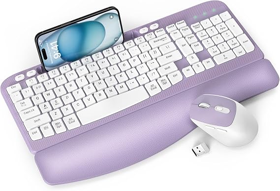 Wireless Keyboard and Mouse Combo, EAYBLLY Wave Keys Wireless Ergonomic Keyboard with Cushioned Wrist Rest, Phone Holder, 2.4GHz Silent Cordless Keyboard Mouse Set for Computer, Laptop, PC, Windows