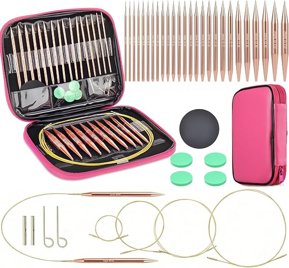 Circular Knitting Needle Set with Pink Case & Accessories,13 Pairs 3mm-10mm Round Aluminium Ergonomic Interchangeable Knitting Needles Set Starter Complete Knitting Kit for Beginners Adults