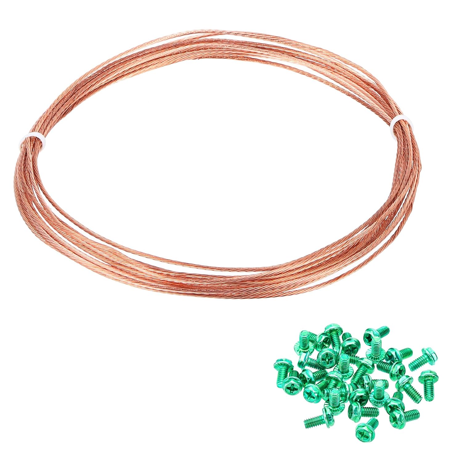 sourcing map Bare Copper Ground Wire, 18 Gauge 15Ft Solid Braided Copper Cables Electronic Metallic Wire with 20Pcs #8-32 x 5/16 Inch Green Screws for Light Fixtures Fans Electrical Equipment