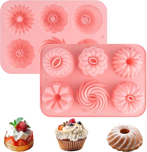2 Pcs Mini Ring Cake Tin, Silicone Cake Baking Pan Fluted Round Mould with 6 Cavity Baking Molds Nonstick for Donut, Muffin, Cupcake, Chocolate (Pink)