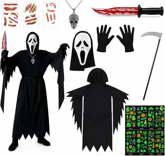 Scream Mask, Ghostface Costume, 10 Pcs Complete Ghost Face Outfit for Spooky Parties and Trick or Treat Events, Includes Robe, Mask, Gloves, Scythe, Necklace and Glow-in-the-Dark Stickers