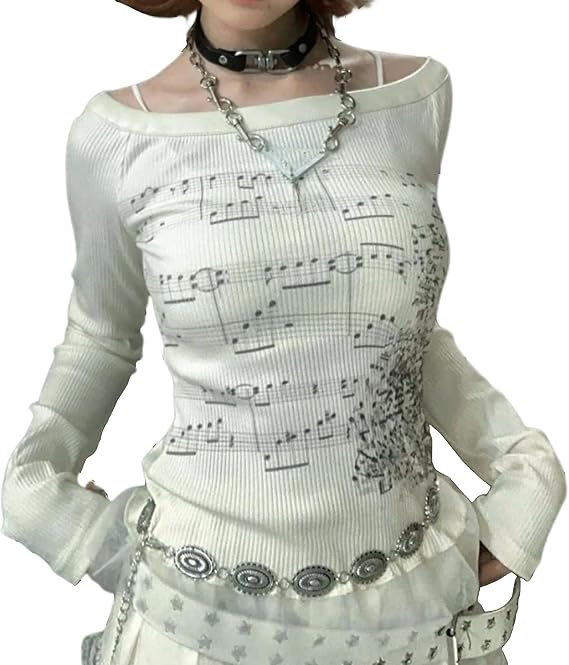 グランジ オフショルダー トップス レディース 長袖 フィット 2000年代 ゴス エモ 音楽 シャツ ティーン ガールズ ヴィンテージ Y2k グラフィック Tシャツ