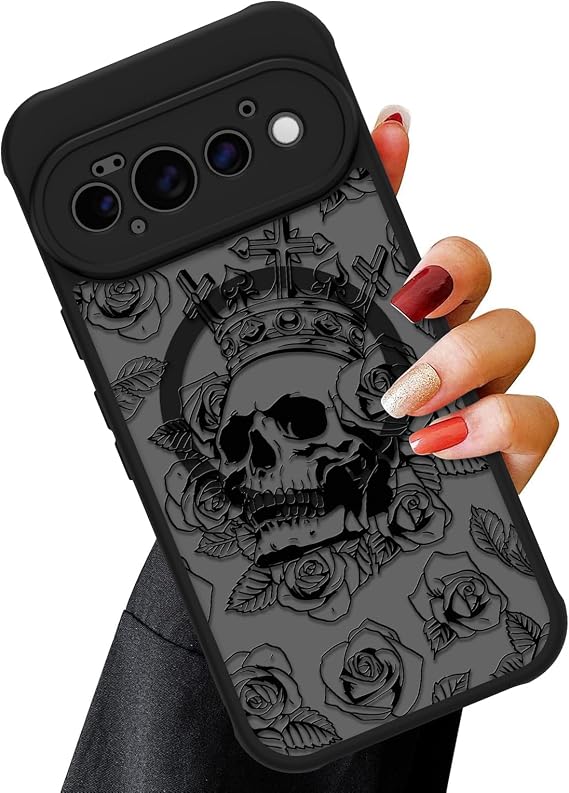 磁気ケース Google Pixel 11 Pro用 ケース ブラックスカル フラワー