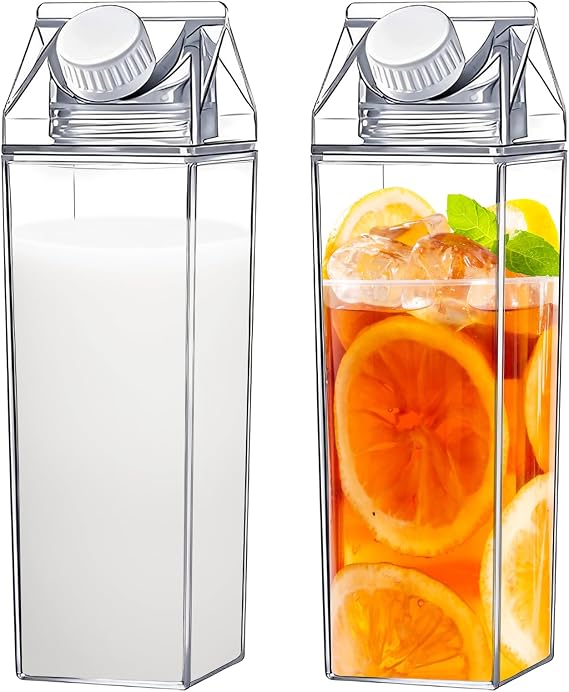 2Pcs Milk Carton Water Bottle, 1000ml Plastic Clear Juice Bottles, Portable Transparent Square Milk Carton Container for Juice Tea Coffee Homemade Beverages, for Camping Panic Outdoor Sports Travel