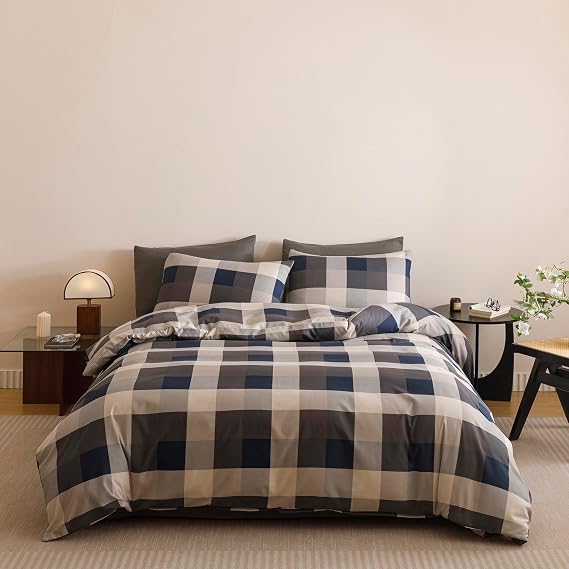 KAREVER Gingham Checkered Comforter King Navy Blue Plaid Bedding Set Boys Girls Colorful Grid Cottagecore Blanket King