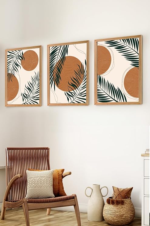 Premium Ahşap Çerçeveli 3lü Modern İskandinav Bohem Tarz Dekoratif Ev Dekorasyonu Tablo Seti-SET9