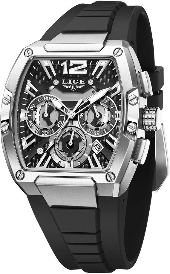 LIGE Men's Watch Skeleton Tonneau Square Chronograph Stainless Steel Quartz