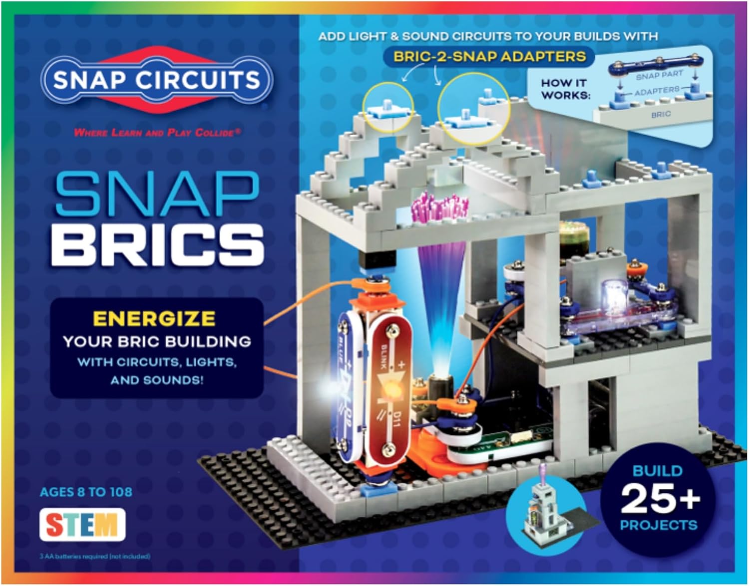 Bric: Structures | Brick & Electronics Exploration Kit | Over 20 Stem & Brick Projects | Full Color Project Manual | 20 Parts | 75 Bric-2-Snap Adapters | 140 Brics