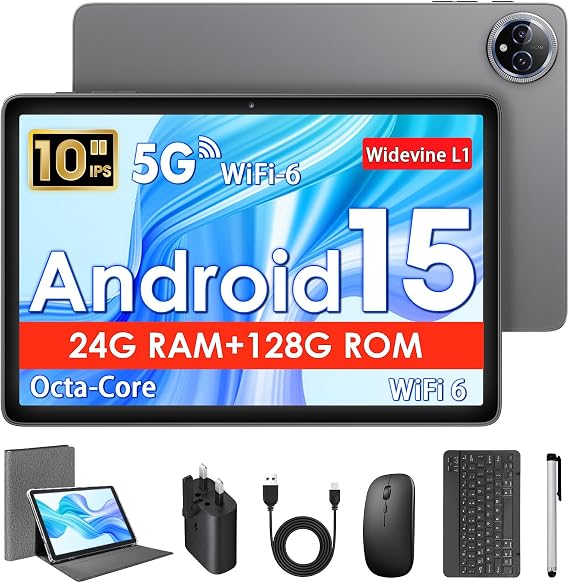 Tablet 10 Inch, Android 15 Tablets with Case, Mouse & Keyboard, Octa-Core, 24GB RAM+128GB ROM+1TB Expand, 1280 x 800 HD IPS Display, Dual Camera, 6000mAh, WiFi 6, BT 5.0, Widevine L1, GPS (Grey)