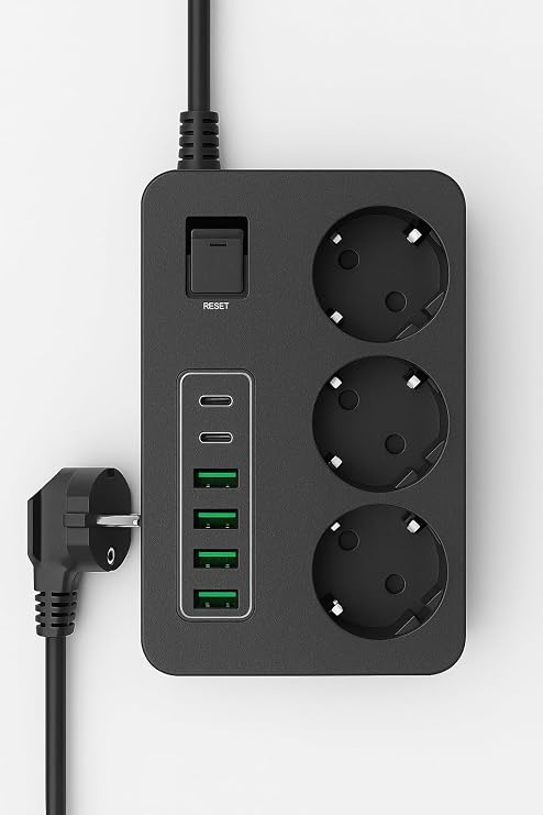 Çoklu Priz 3 AC Soket + 5 USB (2 USB-C, 3 USB-A) - 2 Metre Kablo, Çocuk Korumalı, 3000W Güç, Isıya Dayanıklı, Anahtarlı Uzatma Kablosu