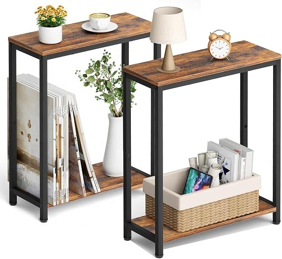 MISSLO Small Side Table Set of 2, Narrow Sofa Side Table, 2 Tier Slim Bedside Tables for Living Room, Bedroom, Couch, Skinny Nightstands, Rustic Brown and Classic Black