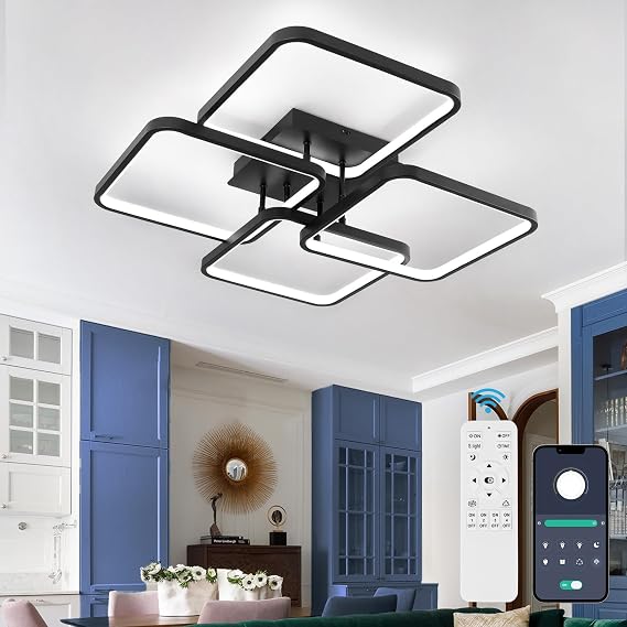 EIDISUNY Modern Dimmable Ceiling Light LED, 66cm 4-Square Black LED Dimmable Ceiling Lights Fixtures with Remote Control for Dining Room Bedroom Office Kitchen Hallway Indoor Living Room Light - 69W [Energy Class E]