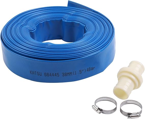KATSU 664445 Flat Water Discharge Hose 20 m x 38 mm with 2 Clips and Connector, Fits Submersible Water Pumps and Other for Draining Ponds, Watering Gardens, Swimming Pools, Blue