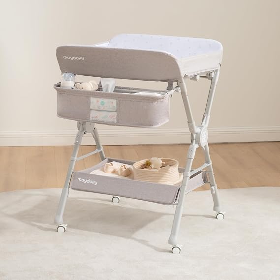 Maydolly Diaper Changing Pad, Portable Diaper Changing Station, Foldable Baby Changing Table, Compact Nursery Diaper Changing Table for Babies, Adjustable Height, Mobile with Wheels, Grey
