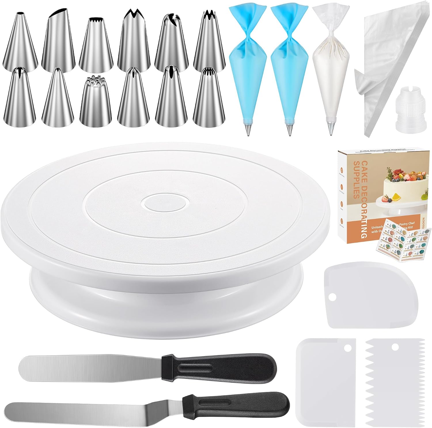 Kootek 71PCs Cake Decorating Kit, Baking Supplies Tools - Includes Cake Stand Turntable, 12 Icing Piping Tips Set, 2 Frosting Spatulas, 3 Scrapers, 502 Piping Bags, Coupler, Video Tutorial, Booklet