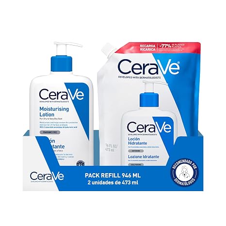 CeraVe Hydrating Lotion & Refill, 32 oz — Hydrates the face and body, strengthens the skin barrier and provides softness thanks to hyaluronic acid, 3 essential ceramides and MVE technology.