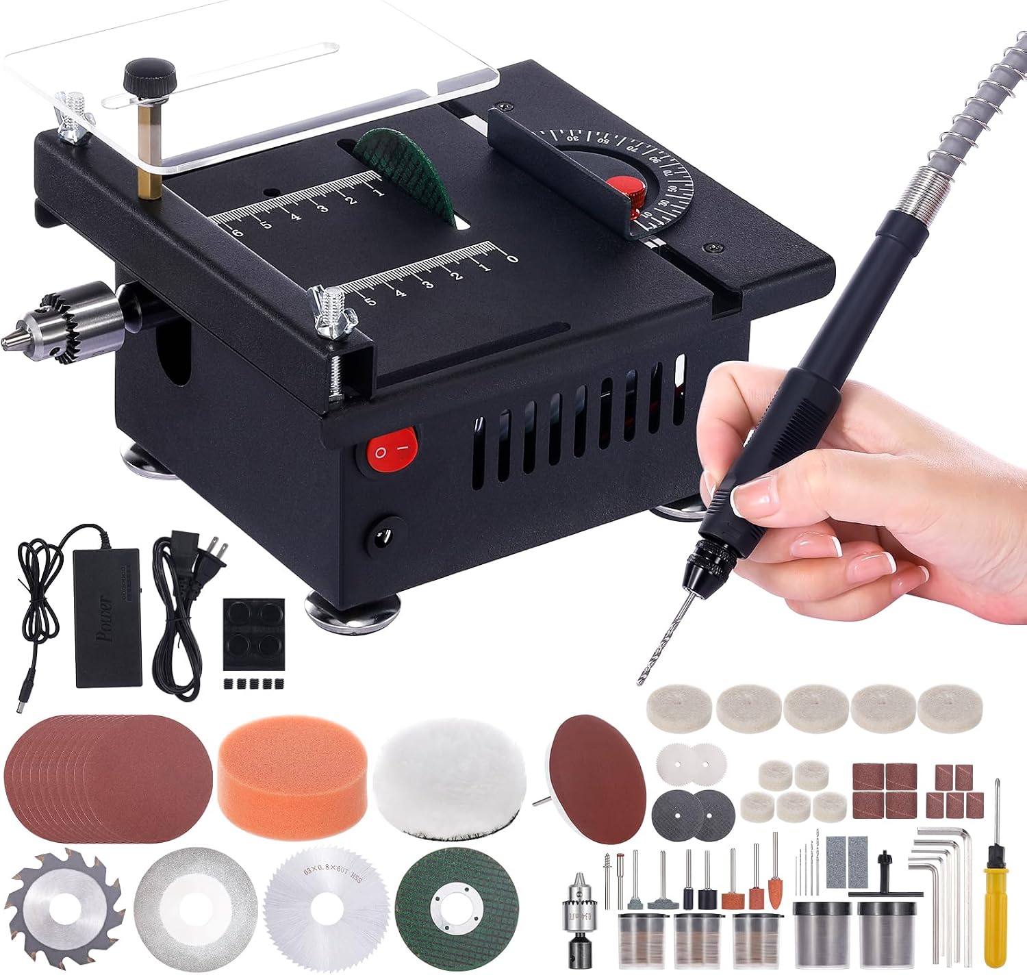 100W Multifunctional Table Saw Mini Desktop Electric Saw Cutter 0-16MM Cutting Depth with Speed and Angle Adjustable Liftable Blade Flexible Shaft and Other Accessories for Cutting Wood Plastic