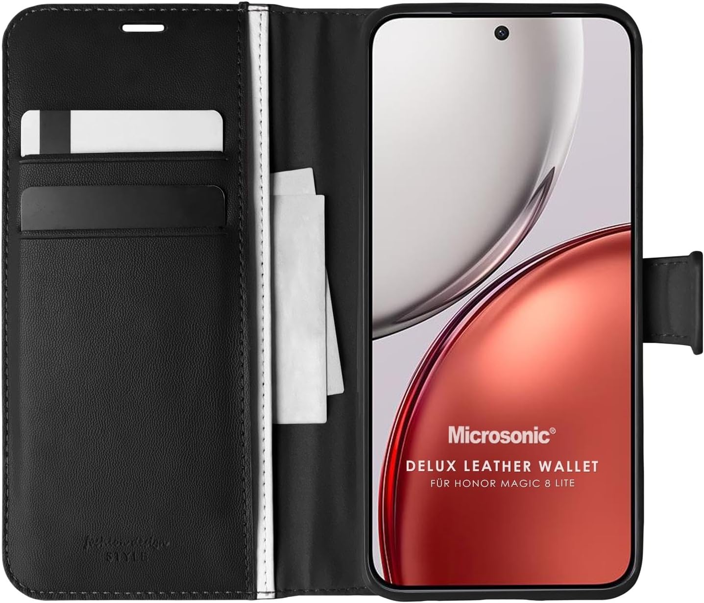 Microsonic Honor Magic 8 Lite için Kılıf Delux Leather Wallet Siyah [Honor Magic 8 Lite ile Uyumlu Kılıf - Siyah]