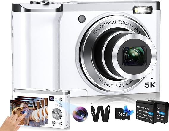 5K Digital Camera 2024 Upgraded 56MP Cameras for Photography with Front and Rear Lens,Touch Screen & 10X Optical Zoom,6-Axis Anti-Shake,Autofocus Vlogging Compact Camera with 64GB SD Card, 2 Batteries