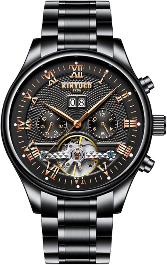 Mens Automatic Watches Skeleton Tourbillon Mechanical Self Winding Luxury Dress Wrist Watch Day Date Waterproof Luminous Watch Gifts