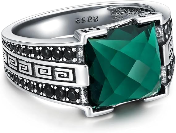 SISGEM Sterling Silver Square Emerald Ring - Men's Vintage Handmade Emerald Stone Jewellery