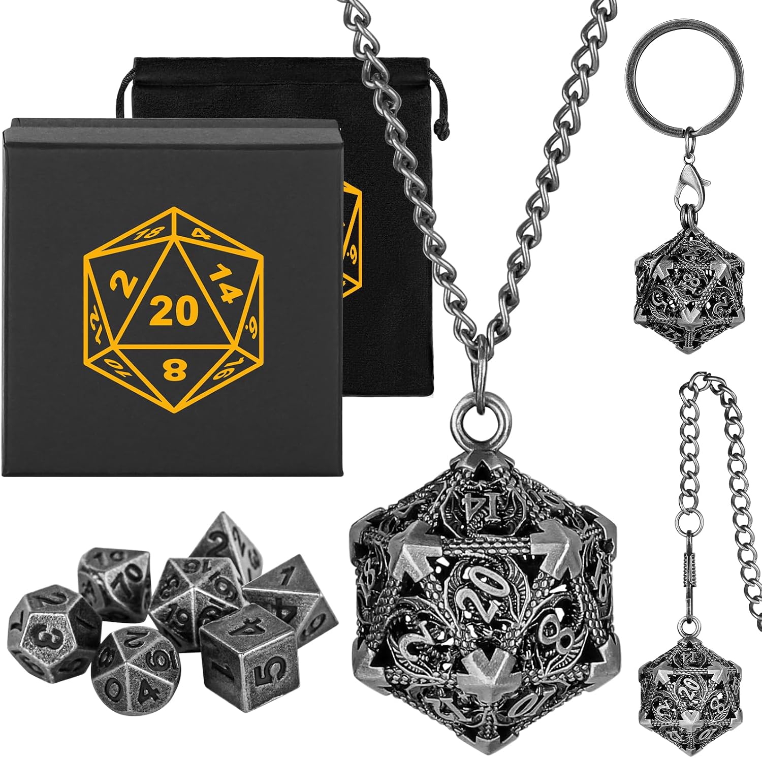 Mini DND Dice Set with Portable Keychain Necklace Pocket Chain Hollow D20 Metal Case, Tiny 7pcs Polyhedral Metal D&D Dice Set, DND Gifts with Gift Box, Role Playing Board Games Accessories, Silver