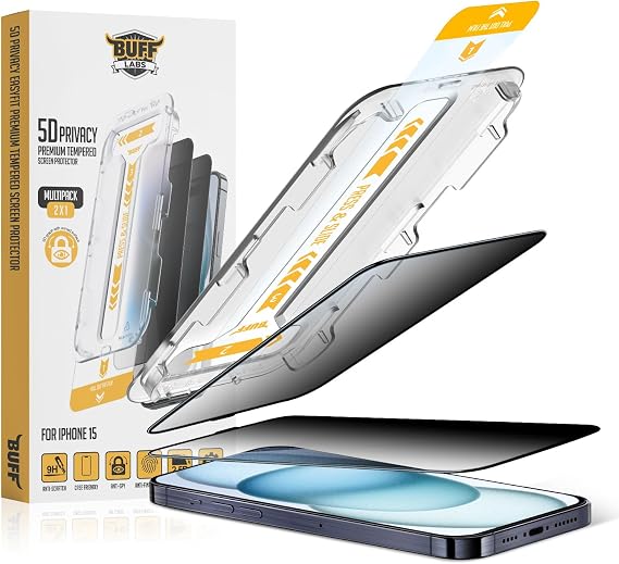 BUFF LABS iPhone 15 Serisi ile Uyumlu 5D Privacy EasyFit 2 Adet Kolay Uygulama Aparatlı Ekran Koruyucu Temperli Cam Hayalet Ekran (iPhone 15)