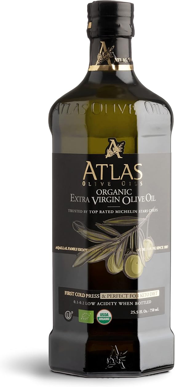 A ATLAS OLIVE OILS Organic Cold Press Extra Virgin Olive Oil with Polyphenol Rich, Newly Harvested Unprocessed from One Single Family Farm Cold Press Ext. Virgin 25.5 Fl Oz (Pack of 1)