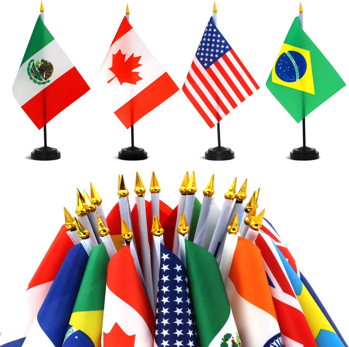 ANLEY 24 Countries Deluxe Desk Flags Set - 8 x 5 Inches Miniature American US Desktop Flag with 13" Black Pole - Vivid Color and Fade Resistant - Includes Black Base and Top