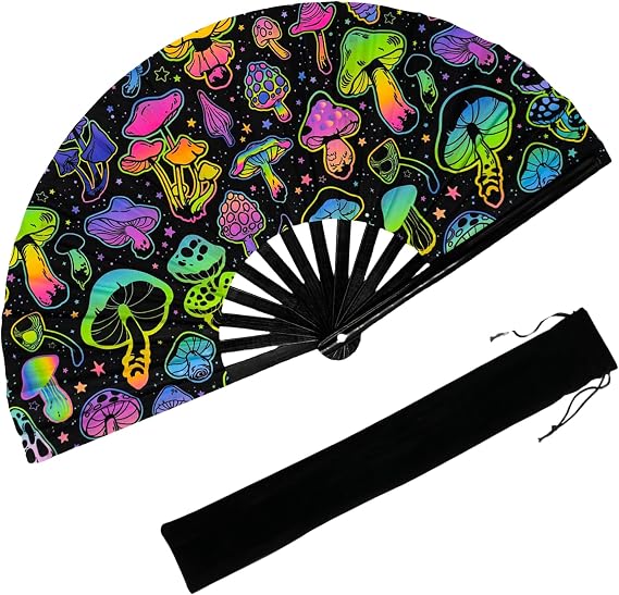 UV Glow Large Rave Folding Hand Fan for Men Women, Rave Essentials, Decorative Folding Hand Fan for Party, Home Decoration, Gift, Music Festival Essential, EDM Rave Accessories (Light Mushroom)